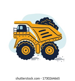 Hand drawn yellow mining truck with a loaded trailer. Cute kids vector illustration.