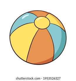 Hand Drawn Yellow, Orange and Blue Striped Beach Ball. Line drawing colourful Inflatable Ball isolated vector illustration on white background. Flat style