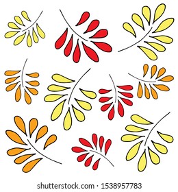 Hand drawn yellow, orange and red autumn leaves on gray background. Doodle and cartoon style set.