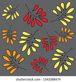 Hand drawn yellow, orange and red autumn leaves on gray background.  doodle	