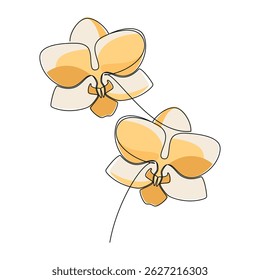Hand drawn yellow orchid flower vector. Linear icon. Line continuous drawing. Floral design, botanical print, card, wall art poster, logo, sign, doodle, symbol. Abstract cartoon plant illustration