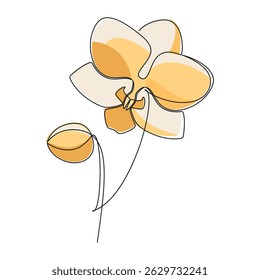 Hand drawn yellow orchid flower vector. Linear icon. Line continuous drawing. Floral design, botanical print, card, wall art poster, logo, sign, doodle, symbol. Abstract cartoon plant illustration