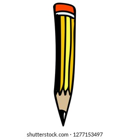 hand drawn yellow pencil with eraser in color. Vector artwork, school supplies, office supplies, art supplies.