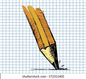 Hand drawn yellow pencil  on copybook background. Vector illustration. 