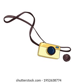 Hand Drawn Yellow Photo Cameraю Line drawing camera colourful vector illustration  isolated on white background. Outlined object, flat style