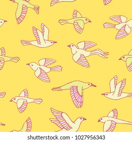 Hand drawn yellow and pink decorative cartoon birds seamless pattern. Beautiful animal vector illustration