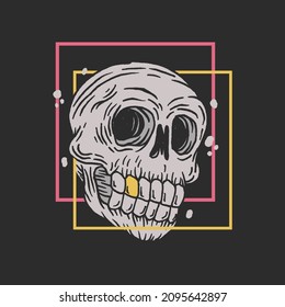 hand drawn yellow and pink line skull illustration on black background