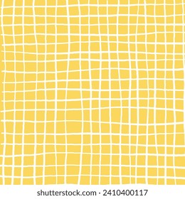 Hand drawn yellow plaid pattern. Check, square doodle background. Line art freehand grid. Crossing white stripes brush stroke. Notebook Texture. Abstract Psychedelic print with Wavy Doodle Stripes.