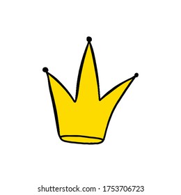 Hand drawn yellow princess crown isolated on white background. Simple vector illustration in doodle style.