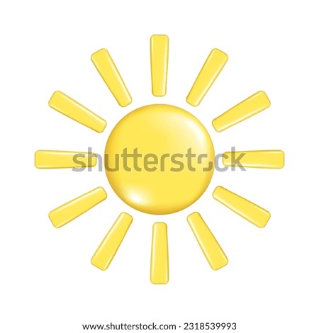 Hand drawn yellow realistic 3d Sun with rays. Decorative 3d design of weather forecast element, icon symbol, meteorology. Abstract vector illustration isolated on white background