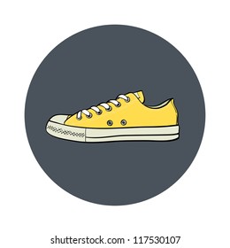 Hand drawn yellow sneaker on the dark grey background. Side view of a gumshoe. Vector illustration.