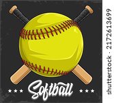 Hand drawn yellow Softball ball with red lacing and two crossed softball bats behind 