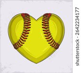 Hand drawn yellow Softball ball with red stitches in heart shape, expressing love and passion of the game