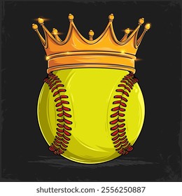 Hand drawn yellow Softball Ball with red stitches with golden shiny royal crown, softball with crown