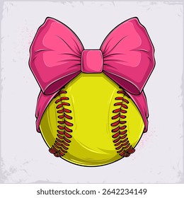 Hand drawn yellow softball ball with red stitches and pink ribbon bow on top, decorated sport equipment
