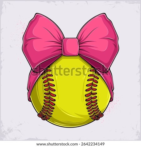 Hand drawn yellow softball ball with red stitches and pink ribbon bow on top, decorated sport equipment