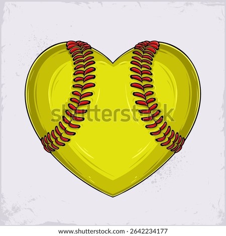 Hand drawn yellow Softball ball with red stitches in heart shape, expressing love and passion of the game