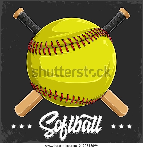 Hand drawn yellow Softball ball with red\
lacing and two crossed softball bats behind\
