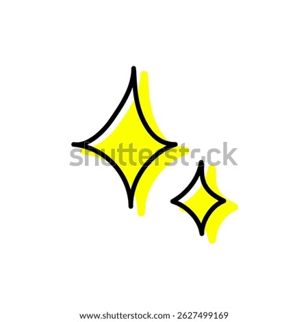 Hand drawn yellow sparkle cute line art, simple sparkle symbols.