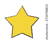 Hand drawn yellow star with bold crayon texture and rough outline. Simple doodle star shape in a playful handmade style. Cute star icon for stickers, kids illustration, collage design, patterns, and