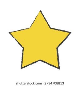 Hand drawn yellow star with bold crayon texture and rough outline. Simple doodle star shape in a playful handmade style. Cute star icon for stickers, kids illustration, collage design, patterns, and