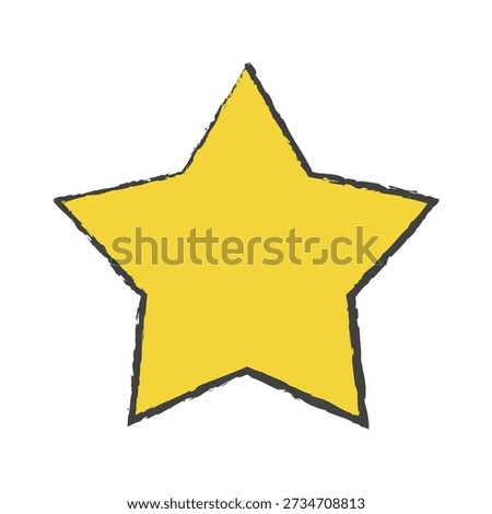 Hand drawn yellow star with bold crayon texture and rough outline. Simple doodle star shape in a playful handmade style. Cute star icon for stickers, kids illustration, collage design, patterns, and