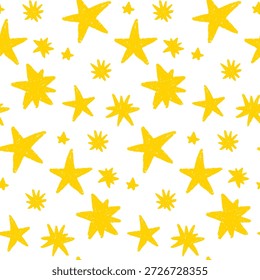 Hand drawn yellow star seamless vector pattern with rough chalk texture. Playful doodle background for kids graphics, education, packaging, web and creative design projects.