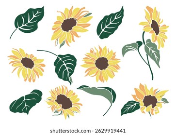 Hand drawn yellow sunflower vector set with green leaves, botanical elements, perfect for floral designs, invitations, and nature themed projects. Isolated on white background
