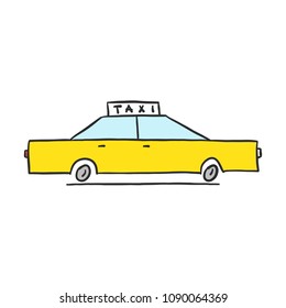 Hand drawn yellow taxi icon isolated on white background. Cartoon vector illustration,eps 10.