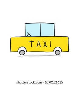 Hand drawn yellow taxi icon isolated on white background. Cartoon vector illustration,eps 10.