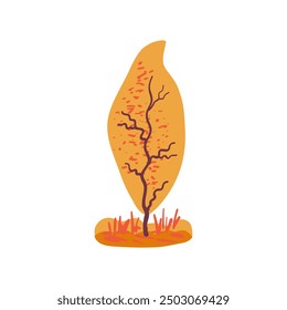 Hand drawn yellow tree with autumn texture and orange tones. Simple design with grass. Flat vector illustration. Icon.