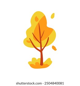 Hand drawn yellow tree with red leaves and grass. Simple design. Flat vector illustration. Icon plant