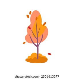  Hand drawn yellow tree with red leaves and grass. Simple design. Flat vector illustration. Icon plant
