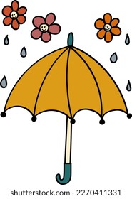 Hand Drawn Yellow Umbrella in 70s or 60s Retro Trippy Style. Daisy Smile 1970 Icon. Seventies Groovy Flowers. Cartoon Childish Hand Drawn Vector Illustration.