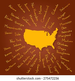 Hand Drawn yellow USA map with states on background vector illustration