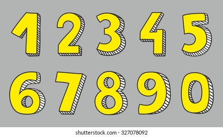Hand drawn yellow vector numbers isolated on grey background
