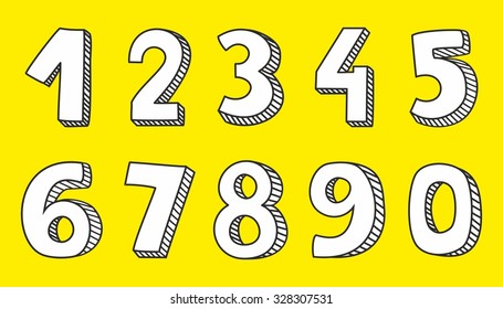 Hand drawn yellow vector numbers isolated on yellow background