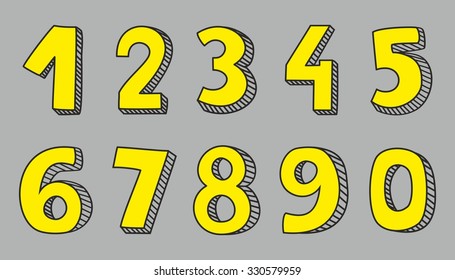 Hand drawn yellow vector numbers isolated on grey background