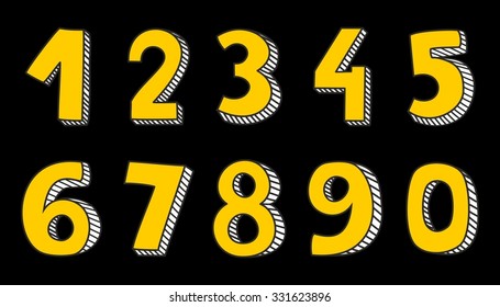 Hand drawn yellow vector numbers isolated on black background
