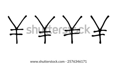 Hand drawn yen currency symbol set Brush stroke doodle Single element for design