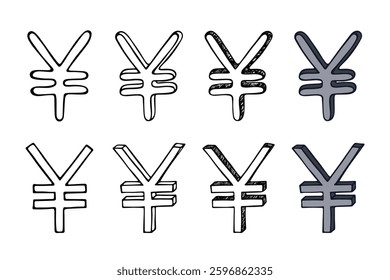 Hand drawn yen set Brush stroke doodle Single element for design