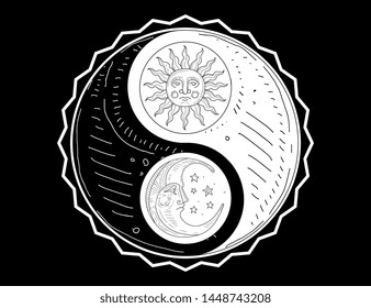 Hand Drawn Yin Yang Symbol, Sun and Moon with Face Monochrome Vector Illustration