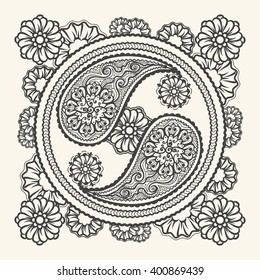Hand drawn yin-yang sign. Stylish Tao icon in paisley ornament style. Vector illustration
