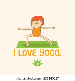 Hand drawn yoga card  in cute cartoon style