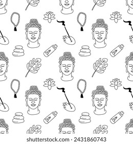Hand drawn yoga elements seamless pattern. Buddha statue, aroma stick, flower, mantra beads and items