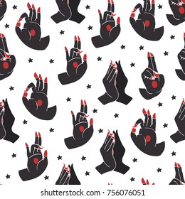 Hand drawn yoga mudras. Colored graphic vector seamless pattern