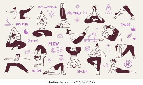 Poste de ioga desenhado à mão poster inspirador horizontal. Ilustração de vetor minimalista focada em motivação, equilíbrio, flexibilidade e prática consciente.