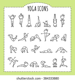 Hand drawn yoga poses. Yoga asanas. Gymnastics exercises, stretching and meditation. Healthy lifestyle sport icons