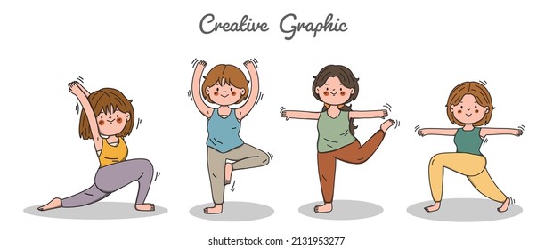Hand drawn yoga poses collection. Vector illustration of happy young woman isolated on background.