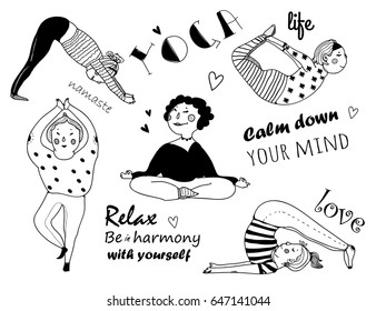 Hand Drawn Yoga Poses. Doodle Ladies. Graphic Vector Isolated Elements